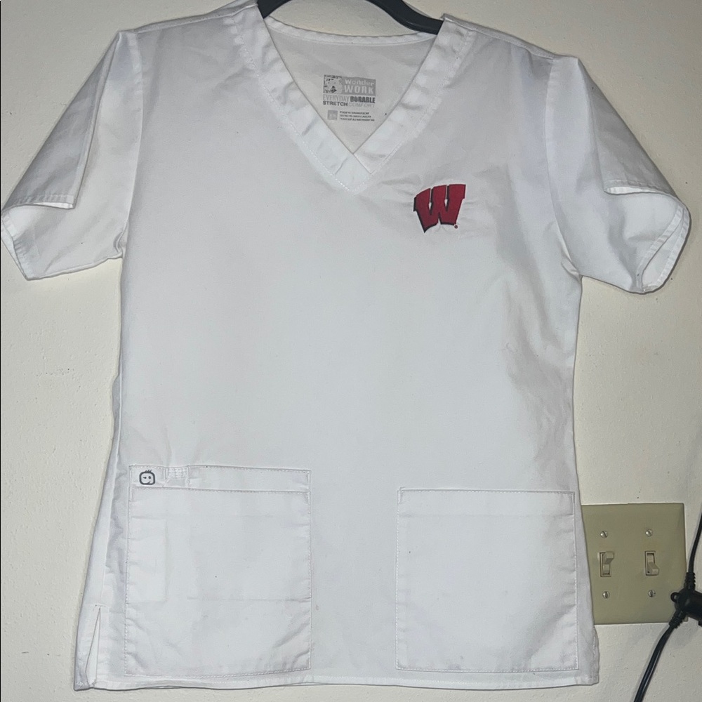 White women’s scrub top with Red Logo (Wisconsin) stretch